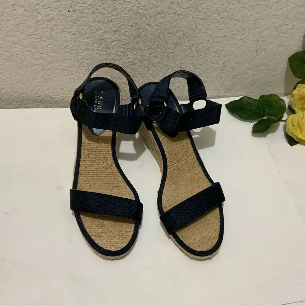 Lauren Ralph Lauren Espadrille Wedge Sandal black tan 8